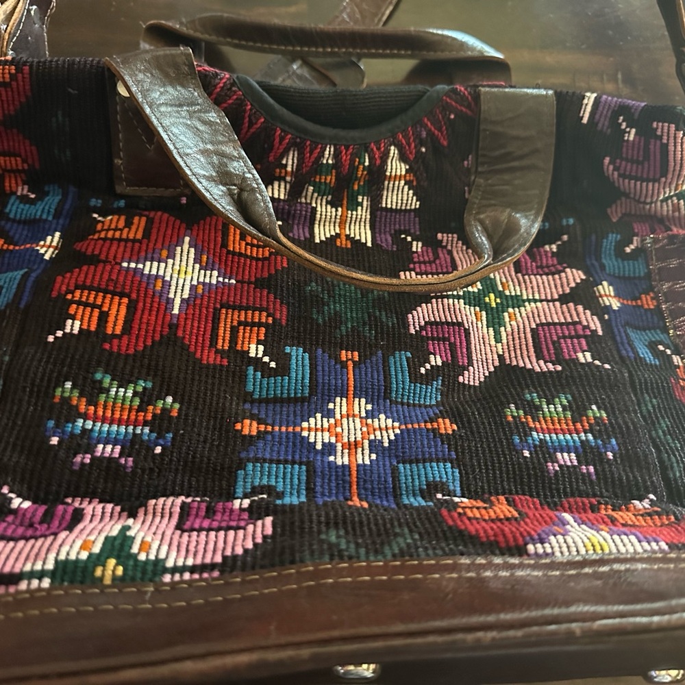 Nena & Co. Multicolor Embroidered Black Tote with Brown Leather Trim